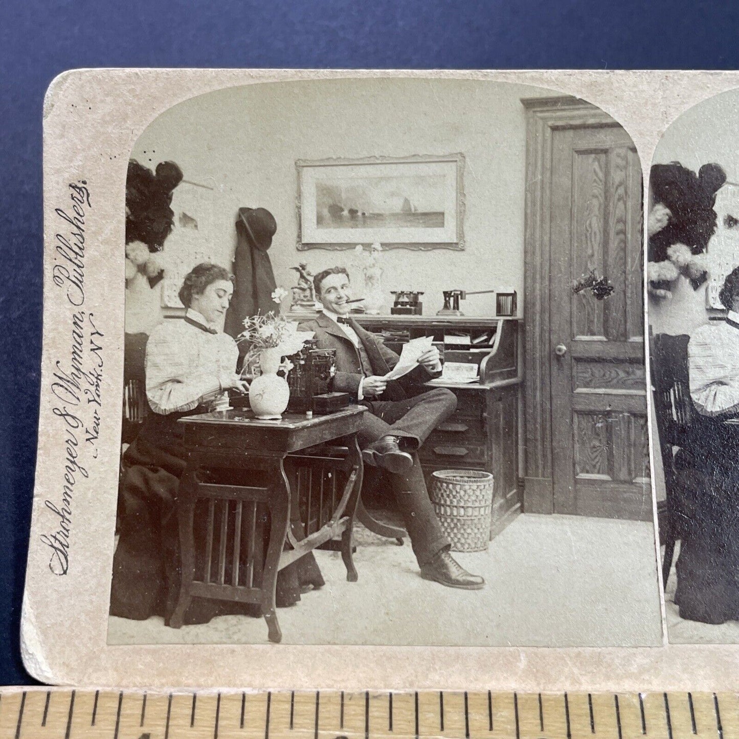 Antique 1899 Man Smokes Cigars Beside Secretary Stereoview Photo Card P4081