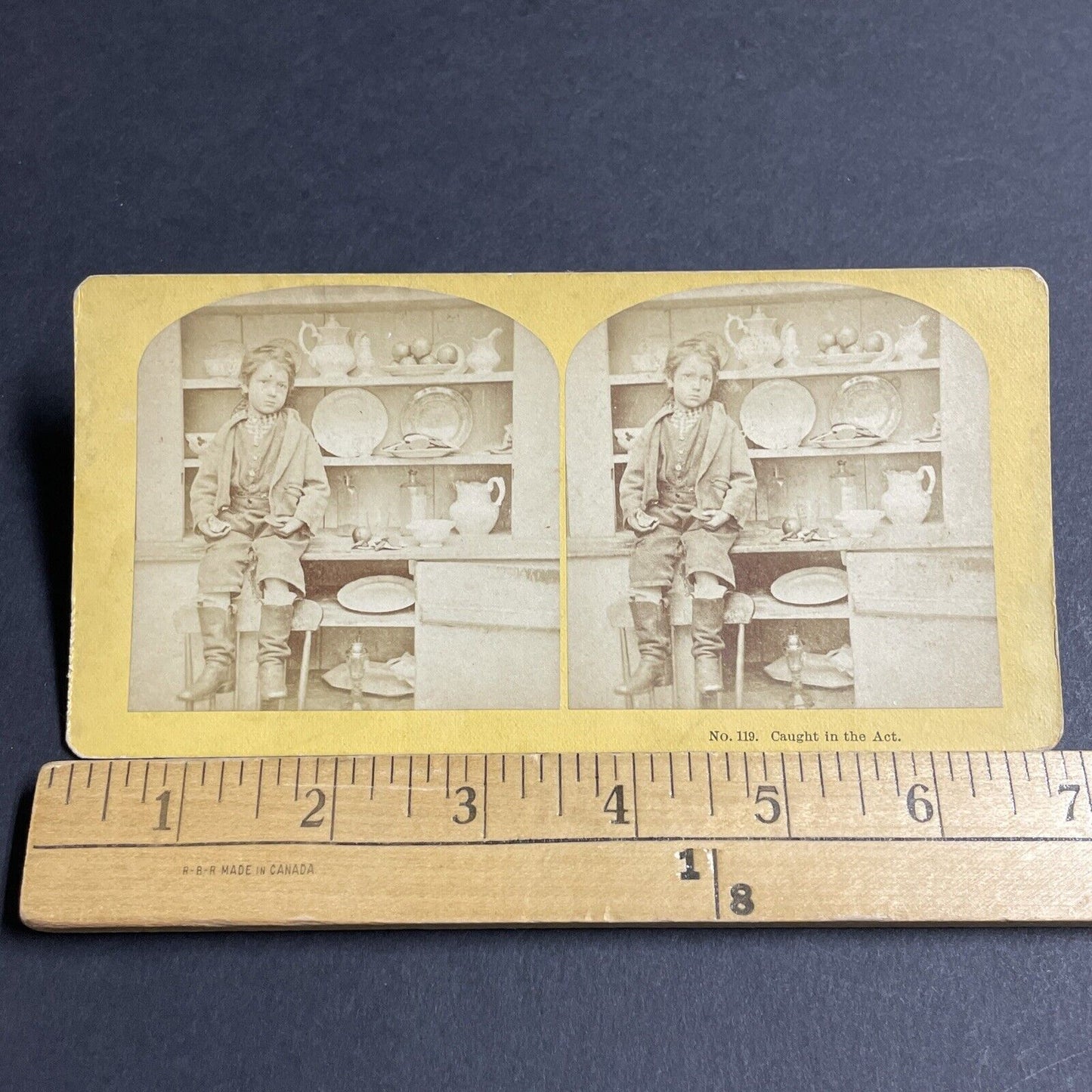 Antique 1870s Boy Caught Stealing A Cookie & Apple Stereoview Photo Card P4695