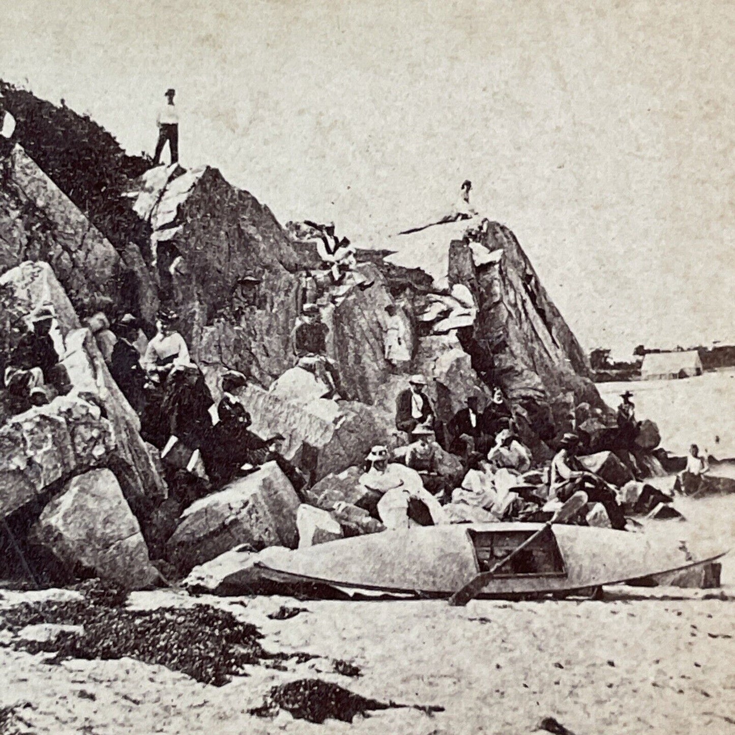 Nonquitt Beach Massachusetts Stereoview TEM White Photo Card Antique c1868 X1000