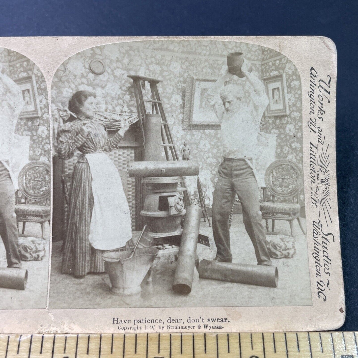 Antique 1897 Man Rages Over Broken Stove Stereoview Photo Card P2919