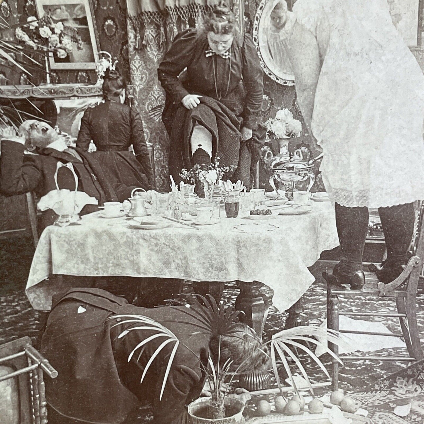 A Mouse Runs Across Dining Room Floor Stereoview Antique c1900 Y1225