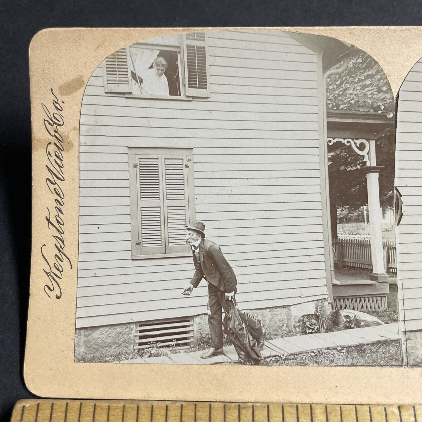 Antique 1890s Man Tries To Sneak Out Of House Stereoview Photo Card P4732