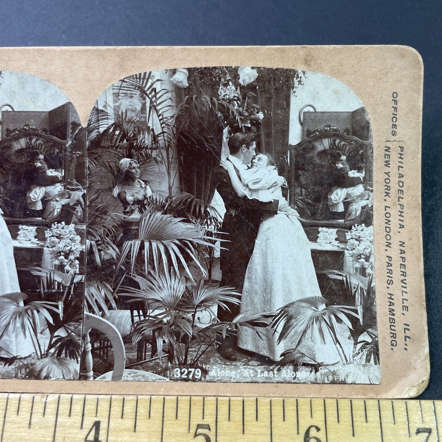 Antique 1897 Victorian Bride & Groom Kiss & Embrace Stereoview Photo Card P2946