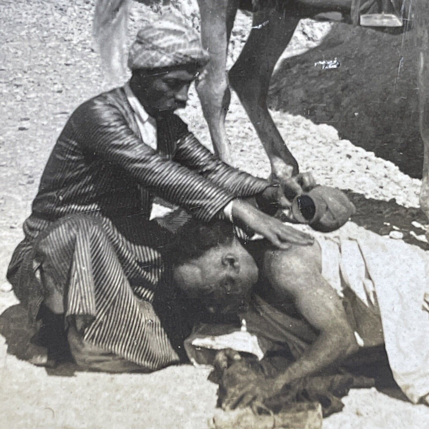 Antique 1900 Aiding A Dying Man Jericho Palestine Stereoview Photo Card P1036