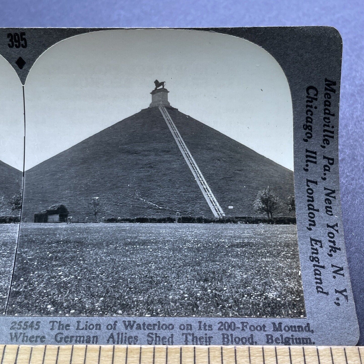 Antique 1920s Battle Of Waterloo Lion Grave Belgium Stereoview Photo Card V2936