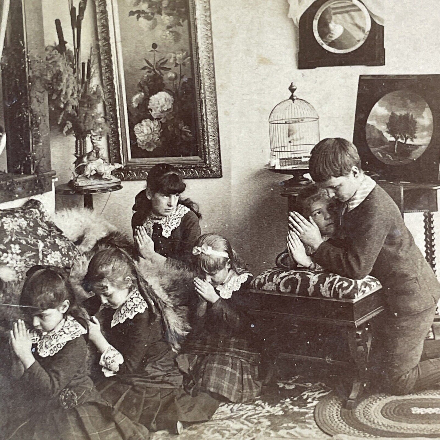 Children Performing Christian Prayer Stereoview BW Kilburn Antique c1884 X4099