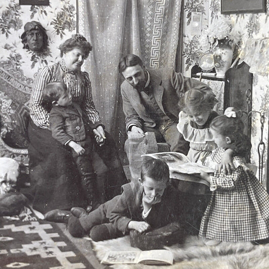 Antique 1903 Family Reads Books Together Stereoview Photo Card P2651