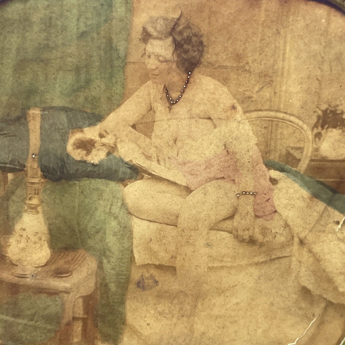 Risque Photo Of Woman Undressing Stereoview French Tissue Antique c1860s XT2121