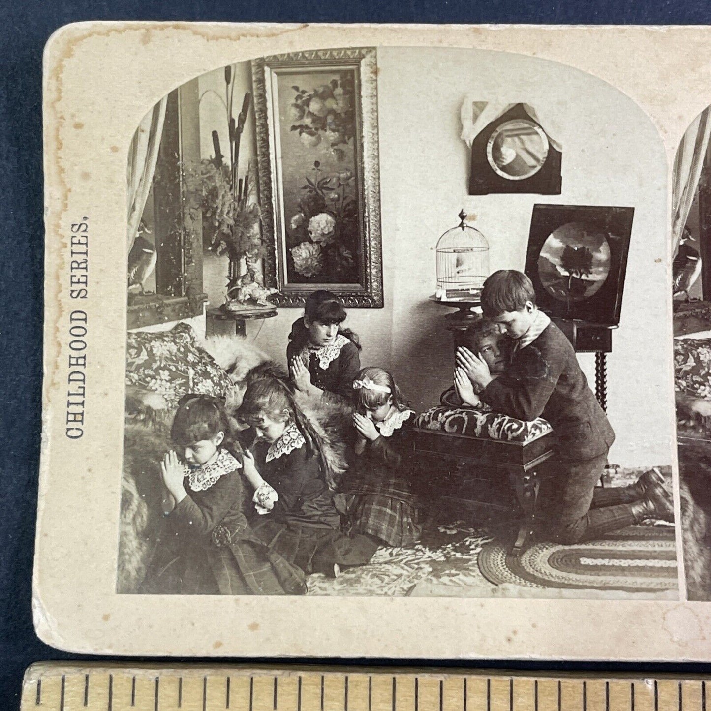 Children Performing Christian Prayer Stereoview BW Kilburn Antique c1884 X4099