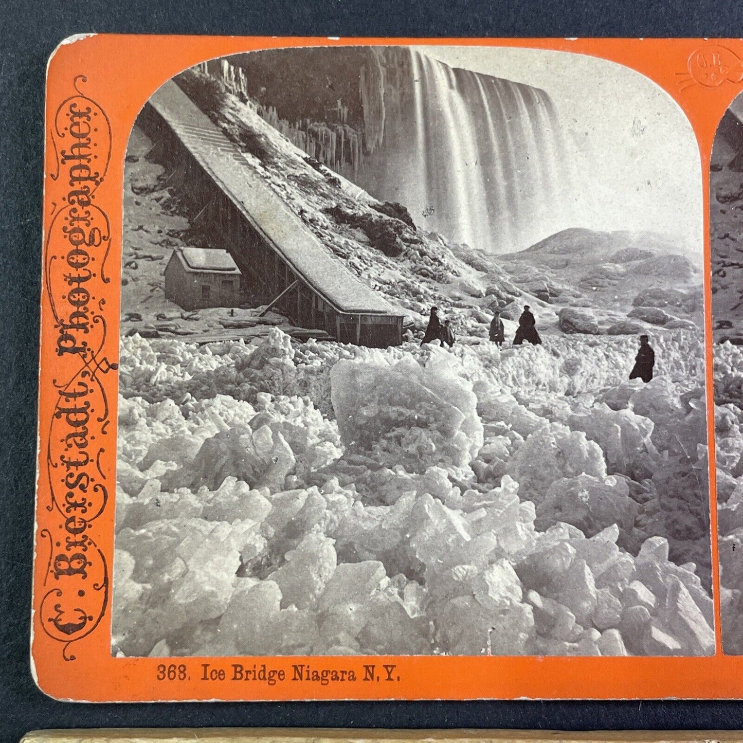 Frozen Niagara Falls River Land Bridge Stereoview Charles Bierstadt c1870s Y2216