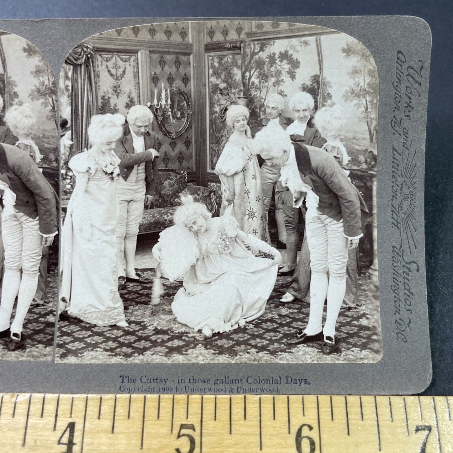 Antique 1900 Curtsy At Fancy Colonial Ball Stereoview Photo Card P2870