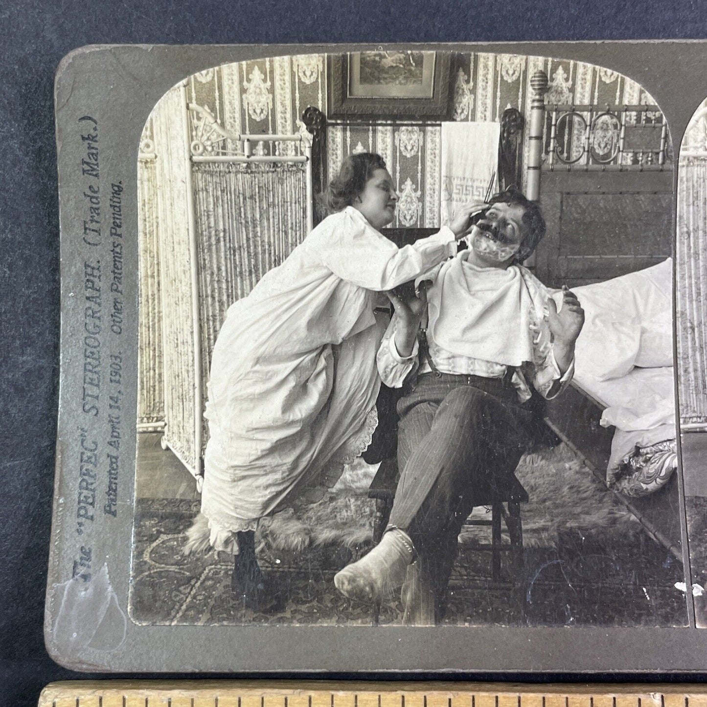 Woman Shaves her Husband's Beard Stereoview H.C. White Antique c1901 Y1246