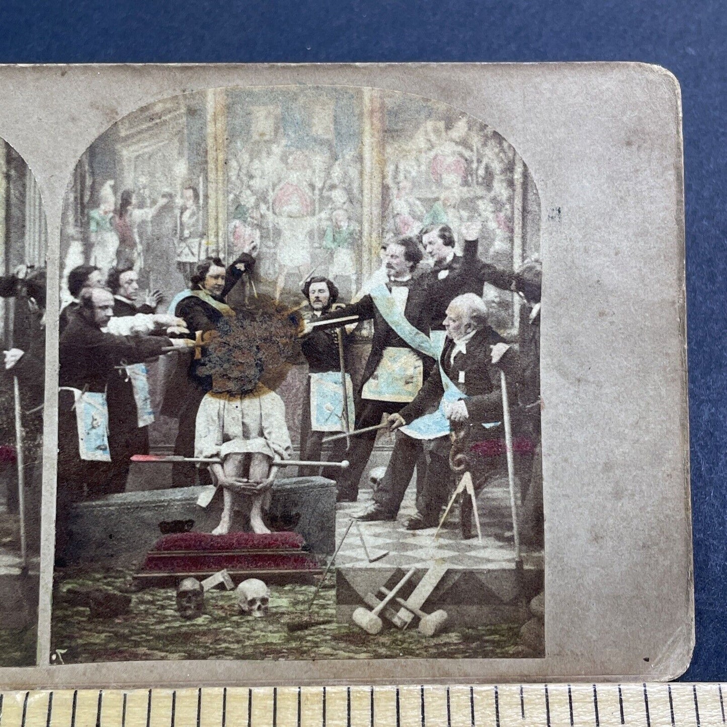 Antique 1860s Knight Kadosh Skull Ceremony Freemasons Stereoview Photo Card V473