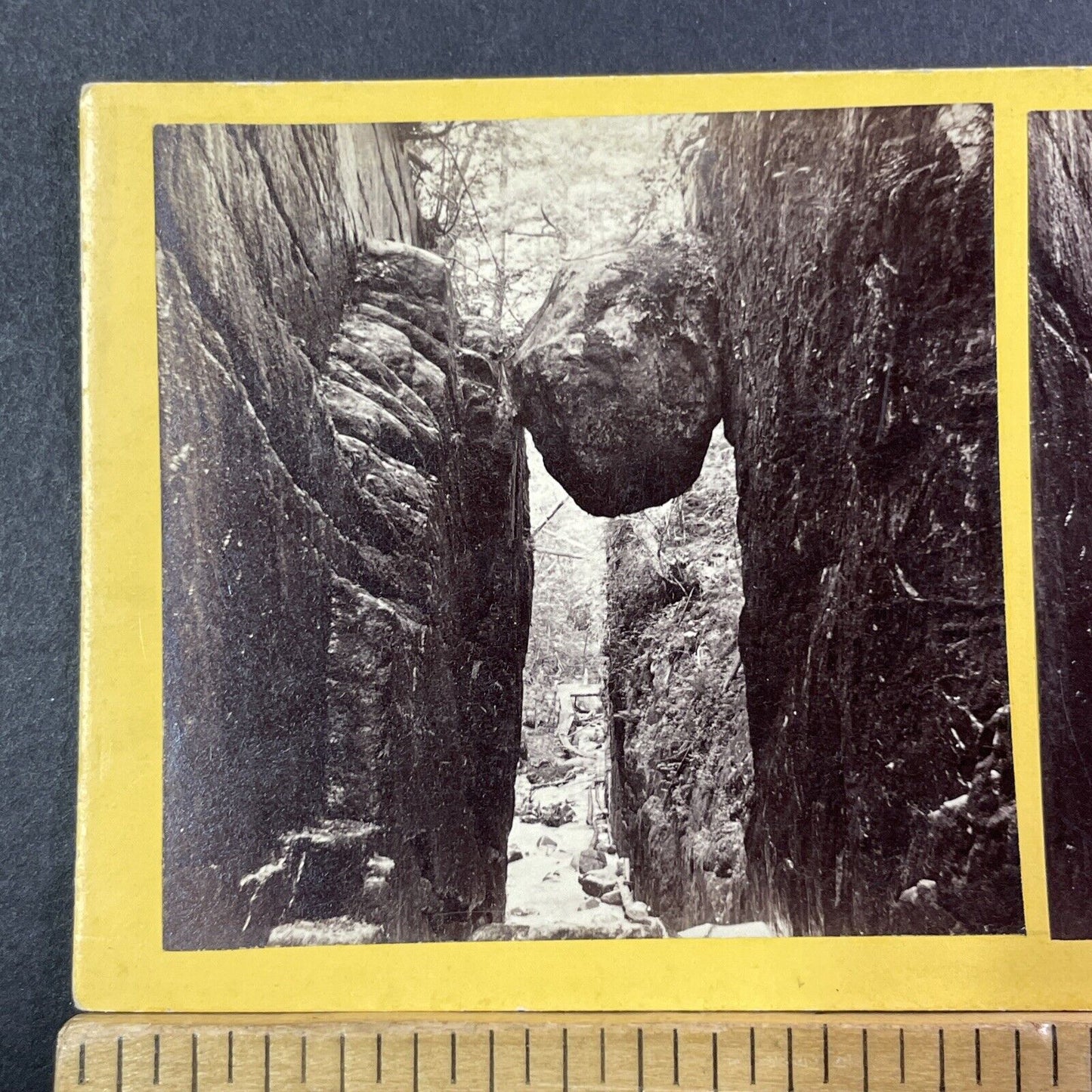 Flume Boulder Franconia Notch NH Stereoview BW Kilburn Photo Antique c1870 X943