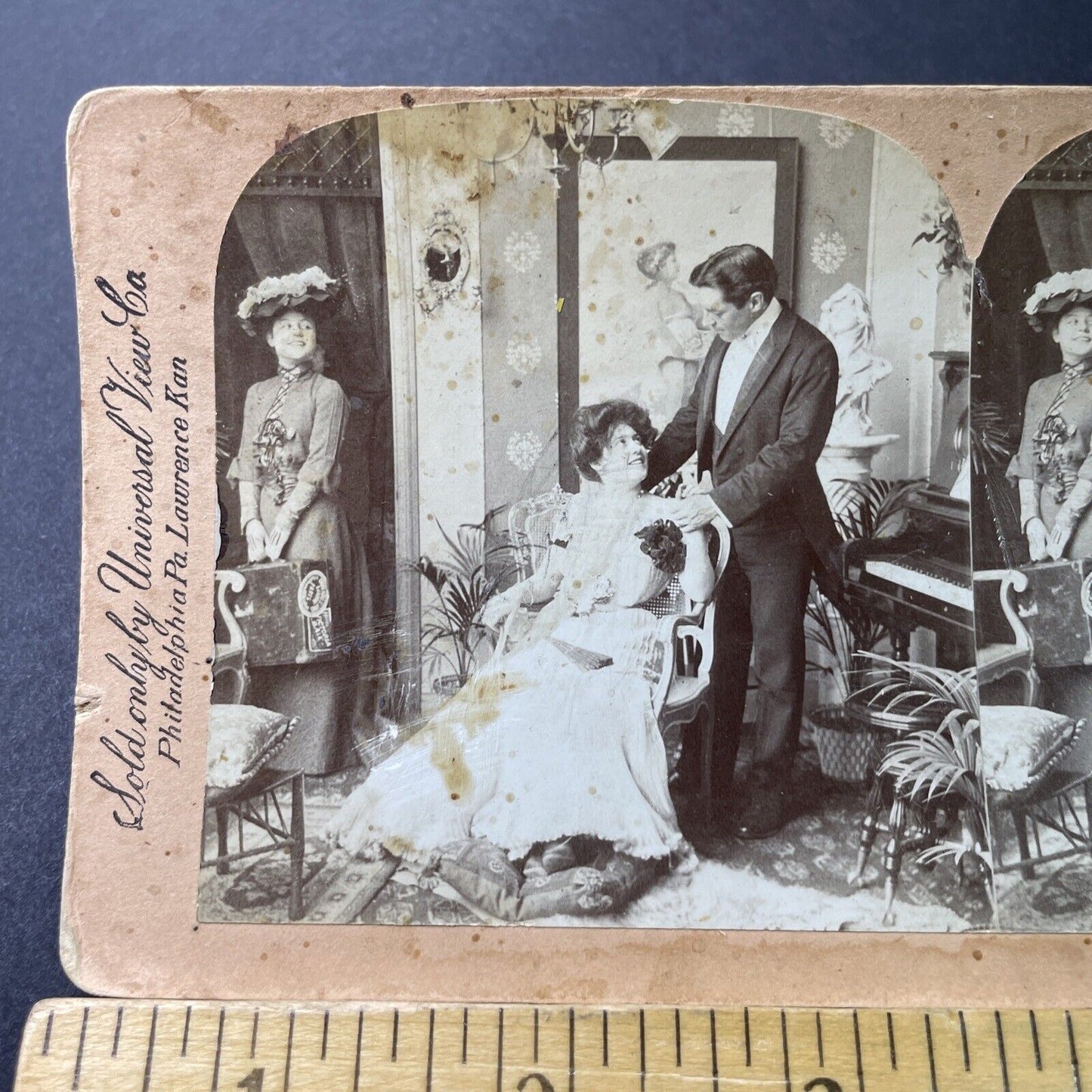 Antique 1902 Maid Flirts With Husband Near His Wife Stereoview Photo Card P3401