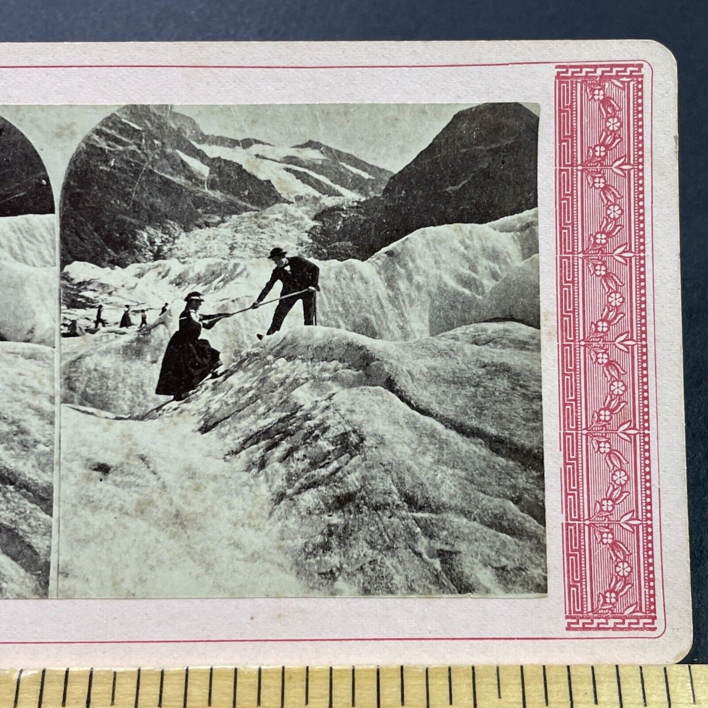 Antique 1870s Man Pulls Woman Up Chamonix Glacier Stereoview Photo Card P4139