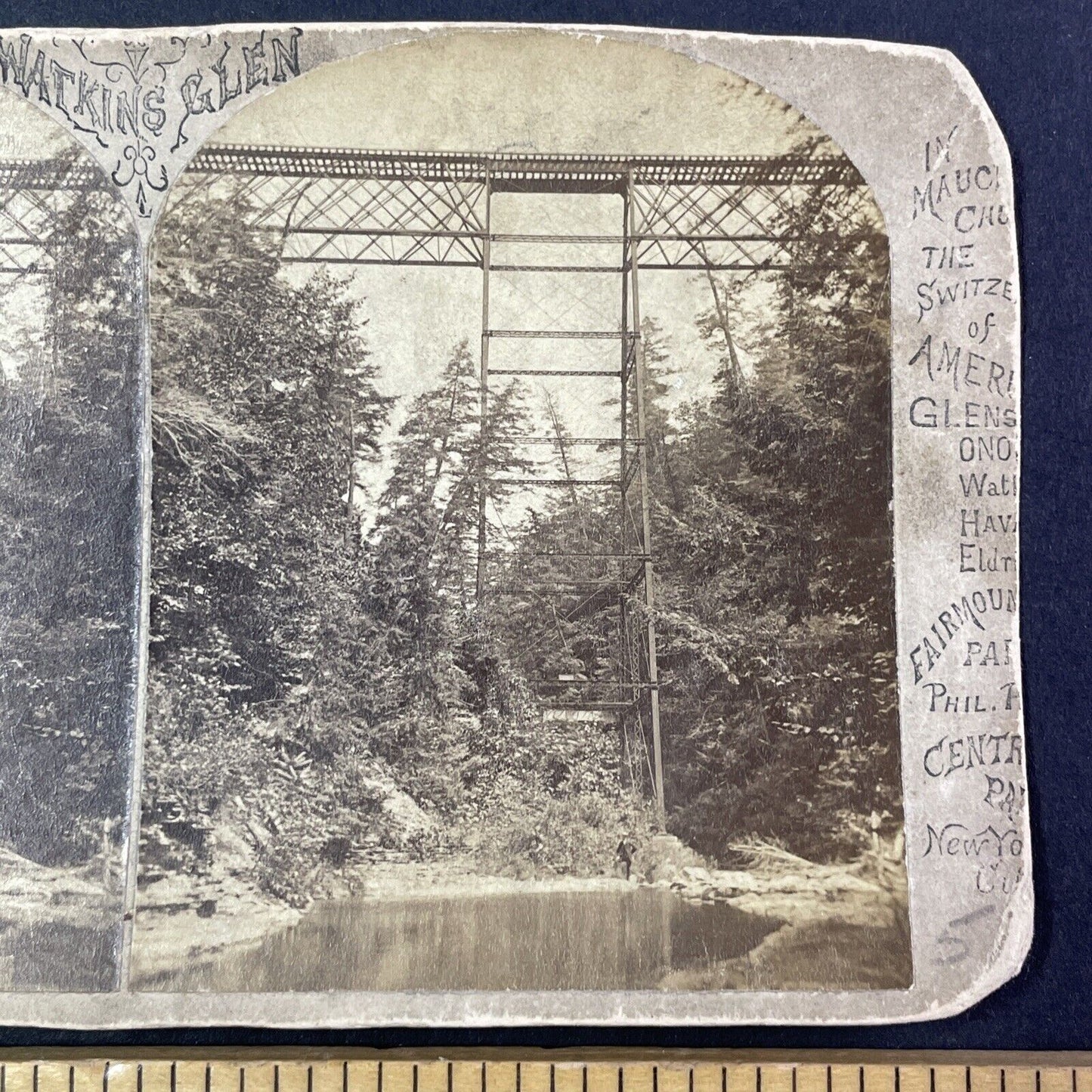 Watkins Glen Railroad Bridge Stereoview James Esson Antique c1875 Y1772