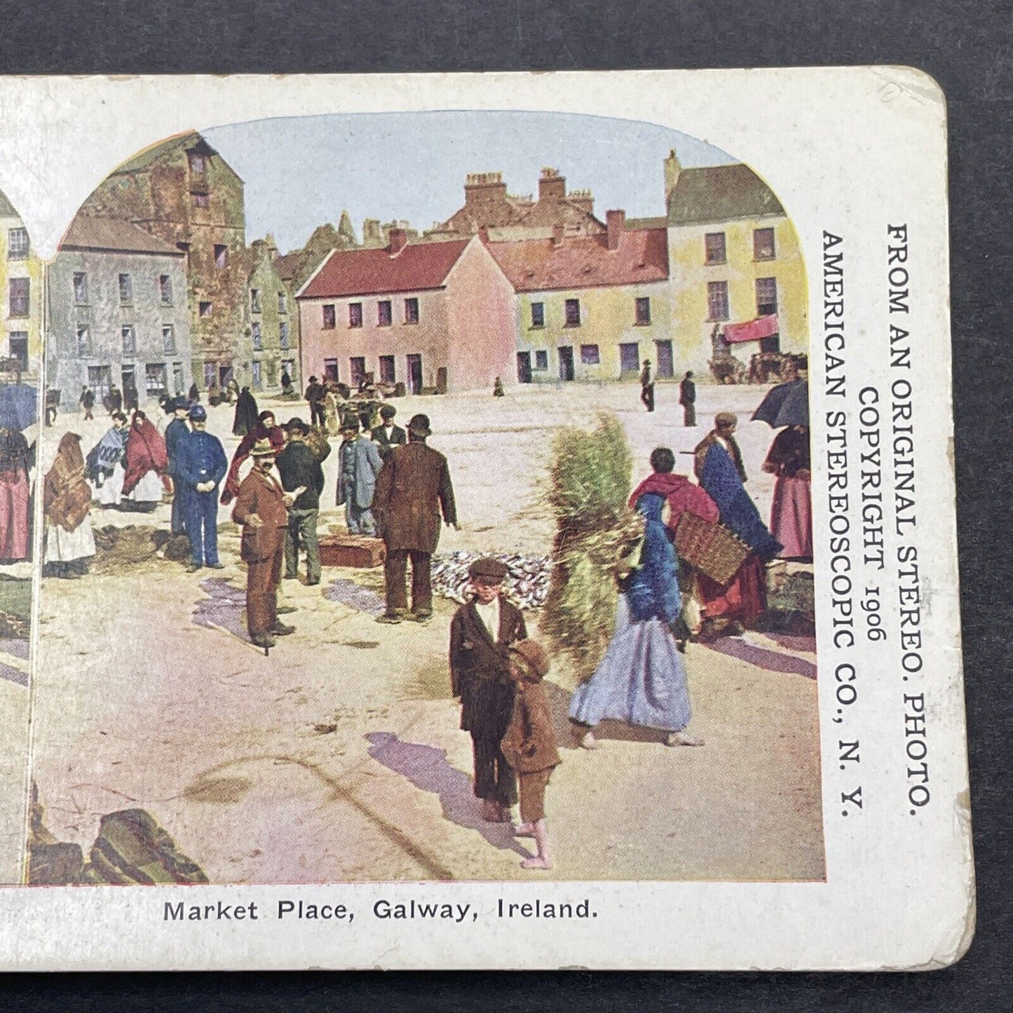 Antique 1906 Galway Bay Marketplace Ireland Stereoview Photo Card P1128