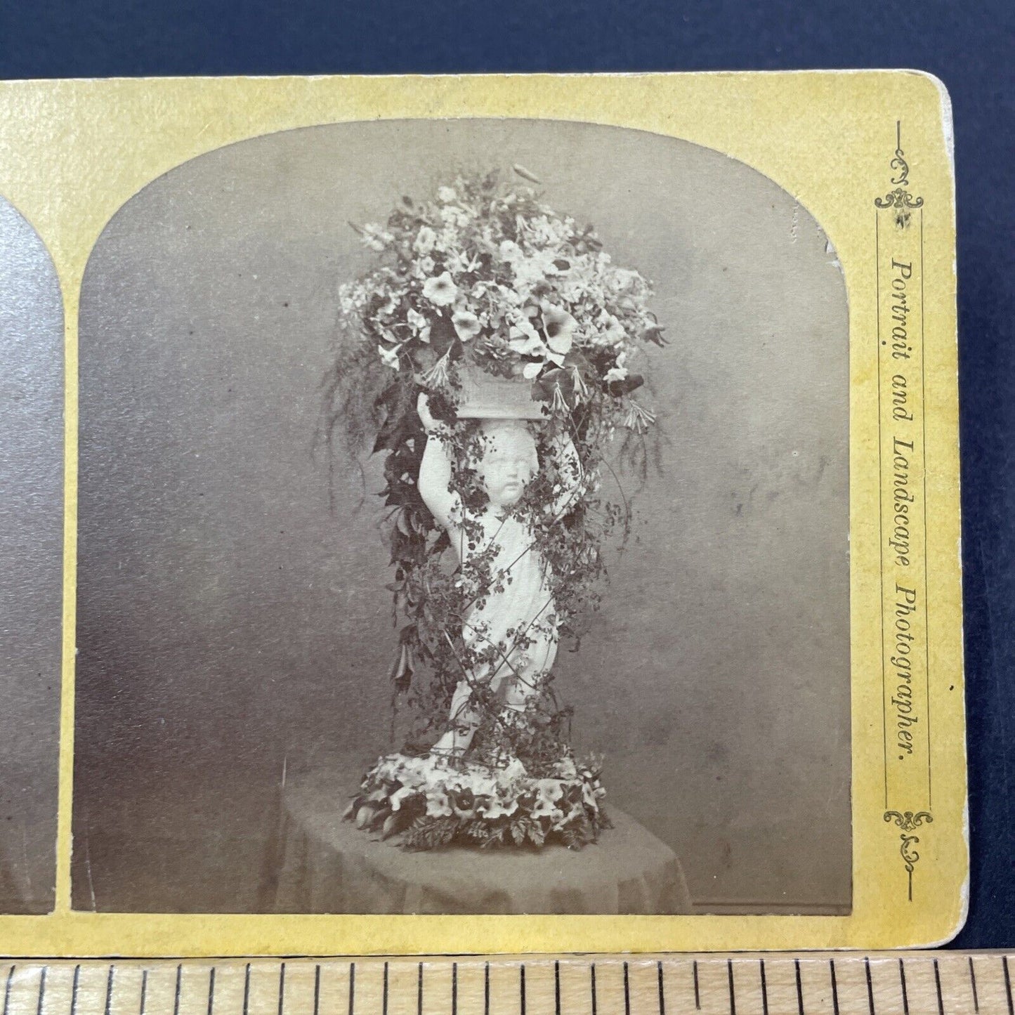 Antique 1870s Cherub Vase Holding Funeral Flowers Stereoview Photo Card V1755