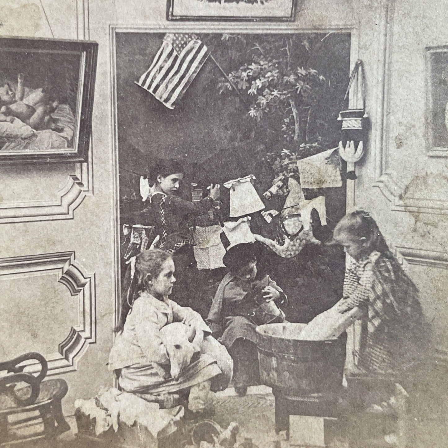 Antique 1870s Patriotic Children Washing Clothes Stereoview Photo Card P4049