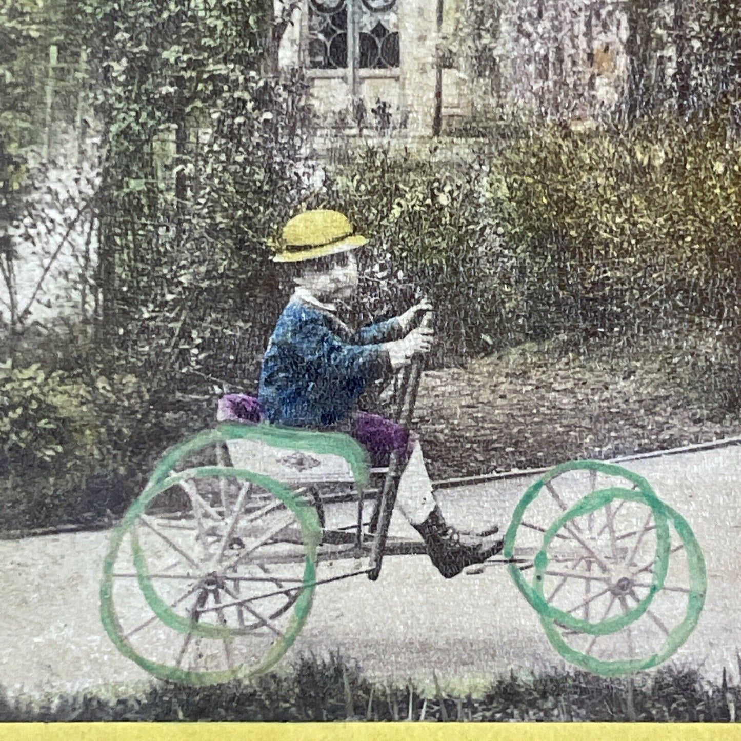 Hand Pump Car Childs 4-Wheel Bicycle Stereoview Antique c1872 X3121