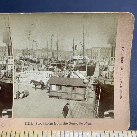 Antique 1896 Shipyard Imports Stockholm Sweden Harbor Stereoview Photo Card 2005