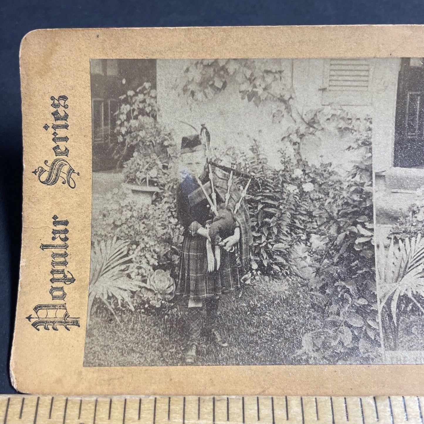 Antique 1870s Little Scottish Boy Plays Bagpipes Stereoview Photo Card P4819