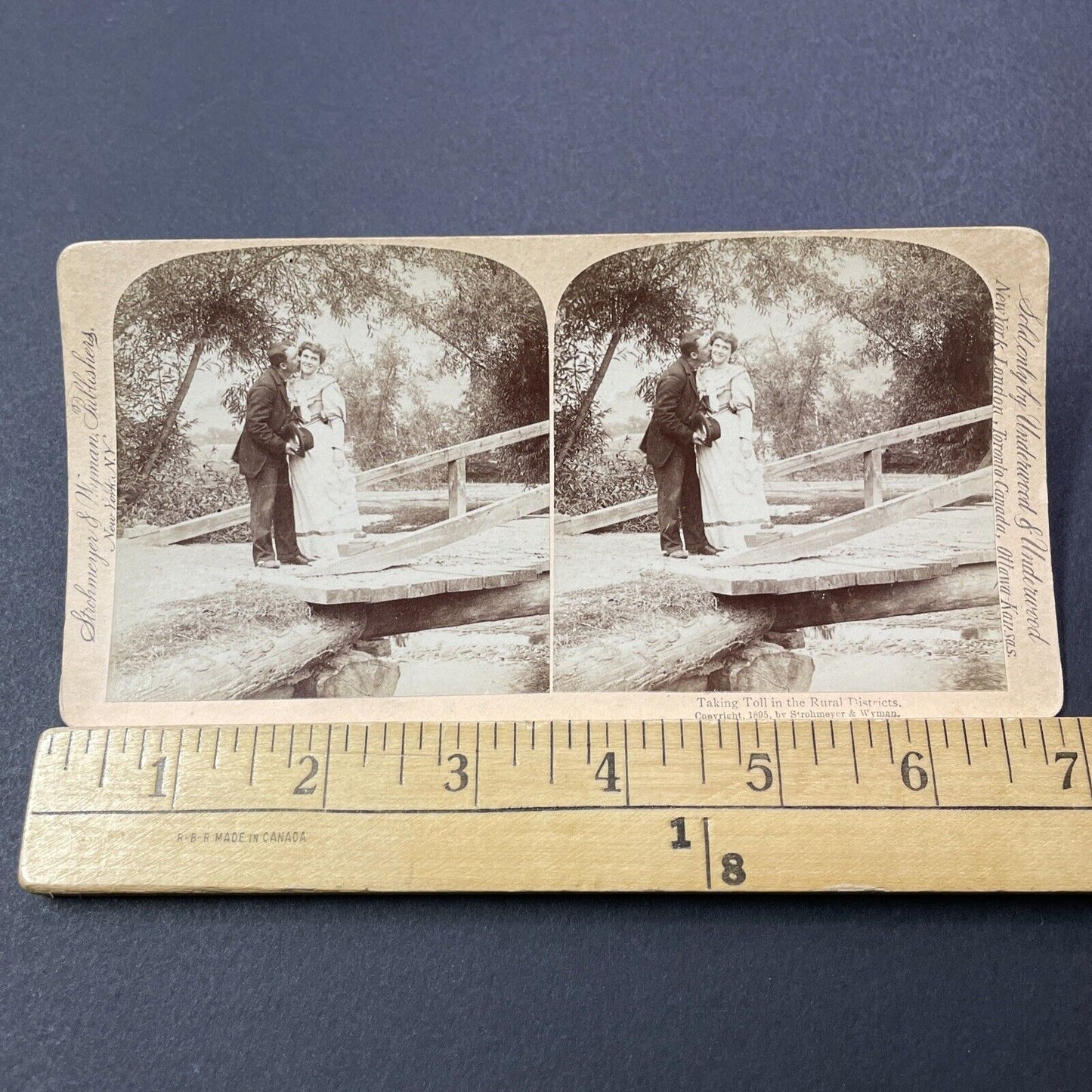 Antique 1895 Man Kisses Woman On Bridge Stereoview Photo Card V3264