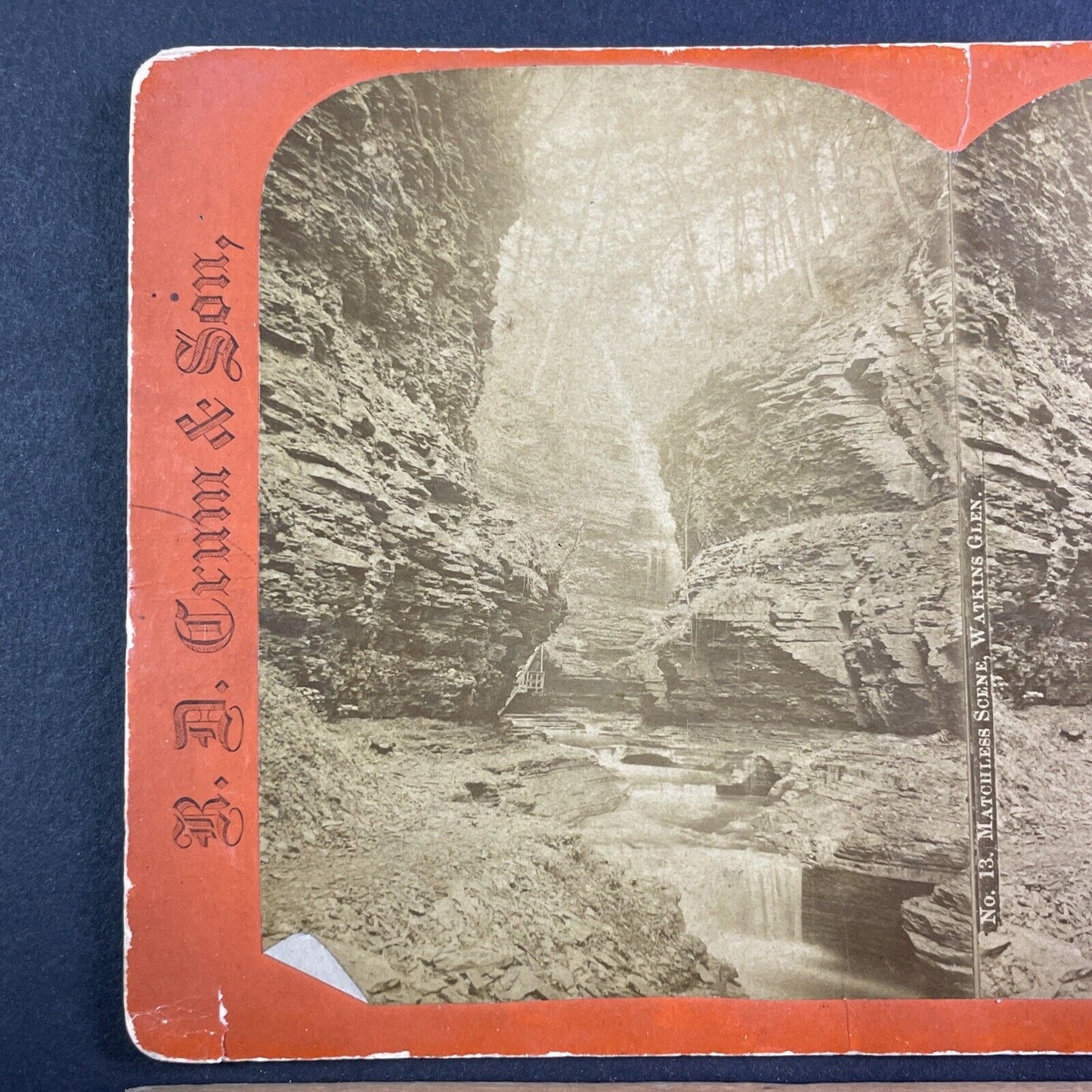 Watkins Glen Gorge Waterfall New York Stereoview R.D. Crum Antique c1870s Y1743