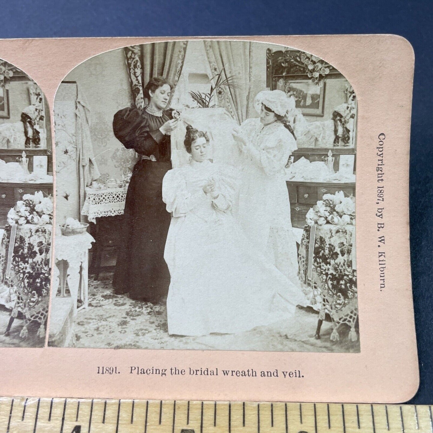 Antique 1897 Putting A Veil On A Victorian Bride Stereoview Photo Card P2951