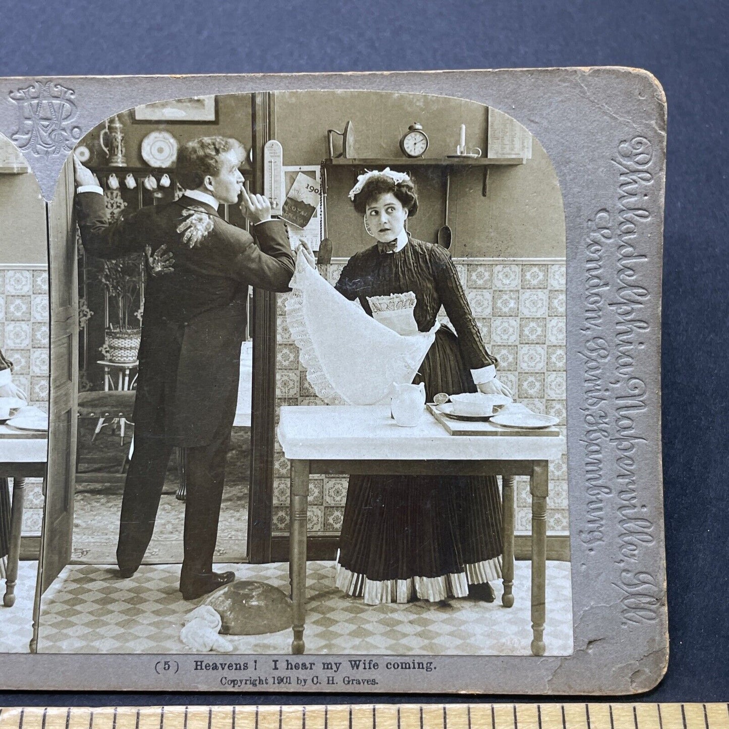 Antique 1901 Husband Hides Affair With Maid From Wife Stereoview Photo Card 2577