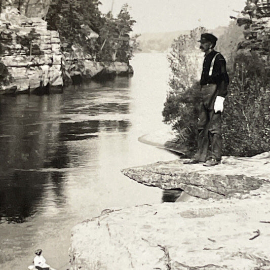 Antique 1910s Man Stands At Edge Of Cliff Wisconsin Stereoview Photo Card P4857