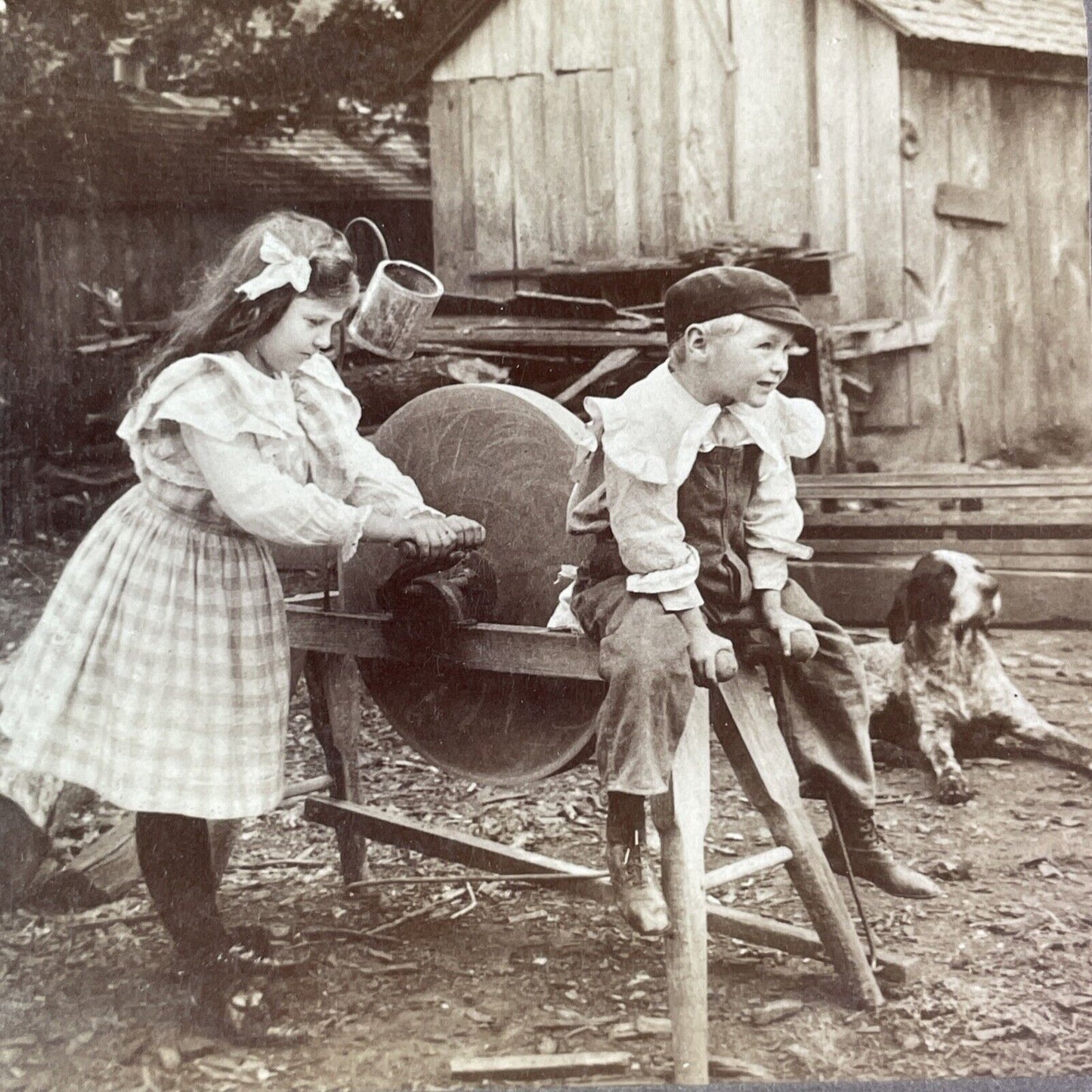 Boy Ruins his Pants on Grinding Wheel Stereoview Antique c1904 Y1352