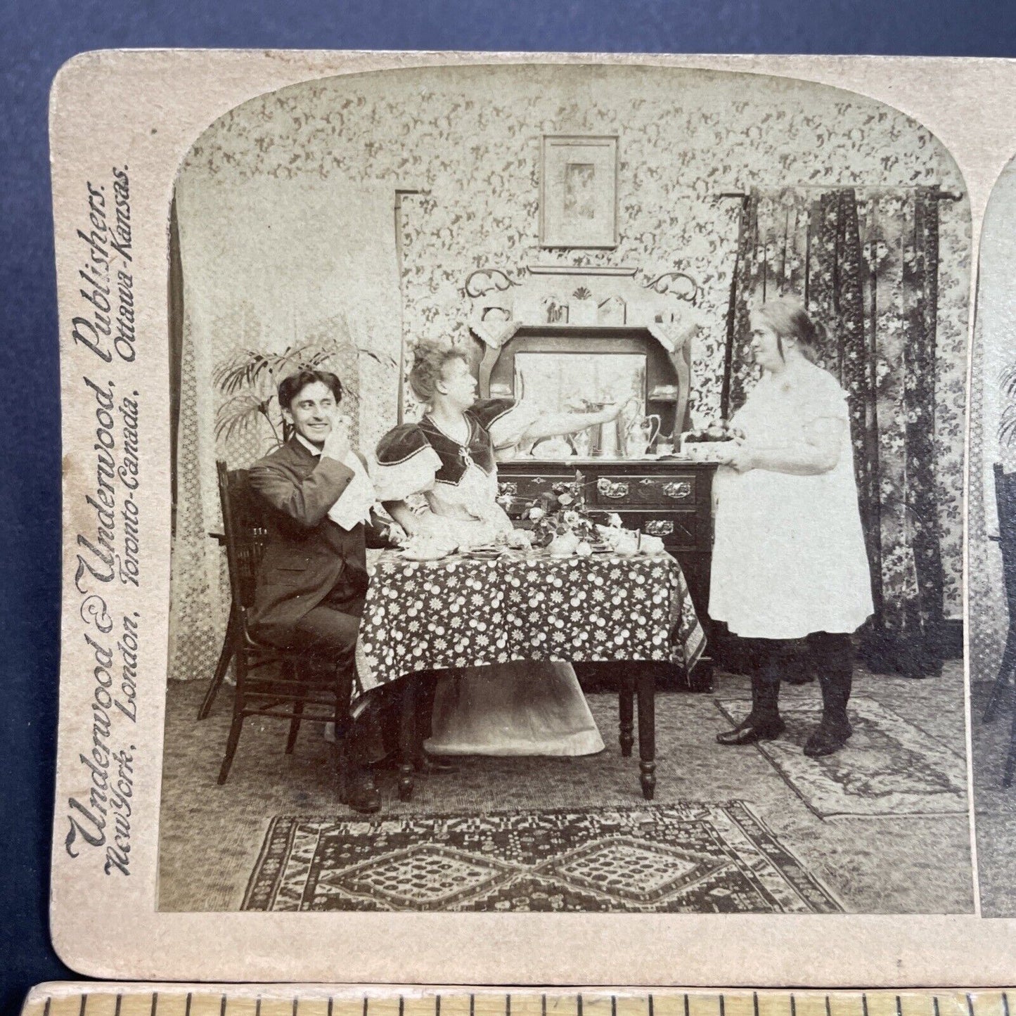 Antique 1897 Woman Serves Potatoes In Underwear Slip Stereoview Photo Card P3558