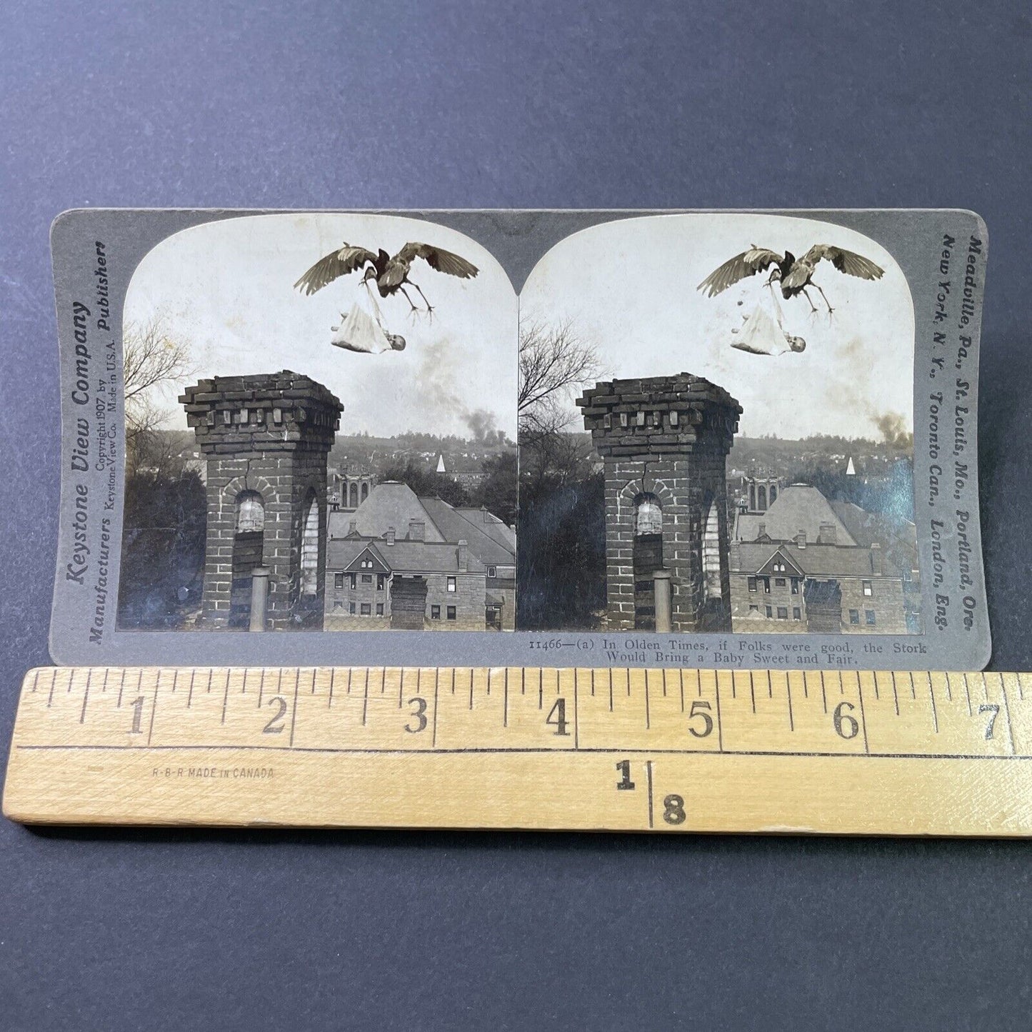 Antique 1907 Stork Carries Baby Over Village Stereoview Photo Card P2882