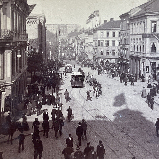 Antique 1897 The Main Street In Oslo Norway Stereoview Photo Card P5201