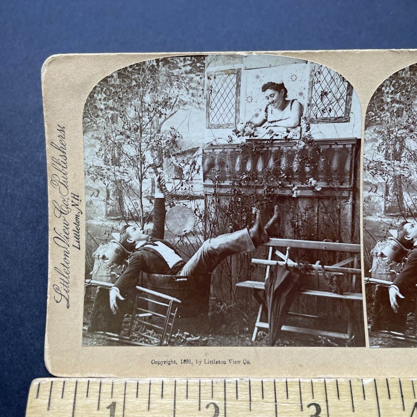 Antique 1891 Banjo Player Falls In Love At Window Stereoview Photo Card P2609