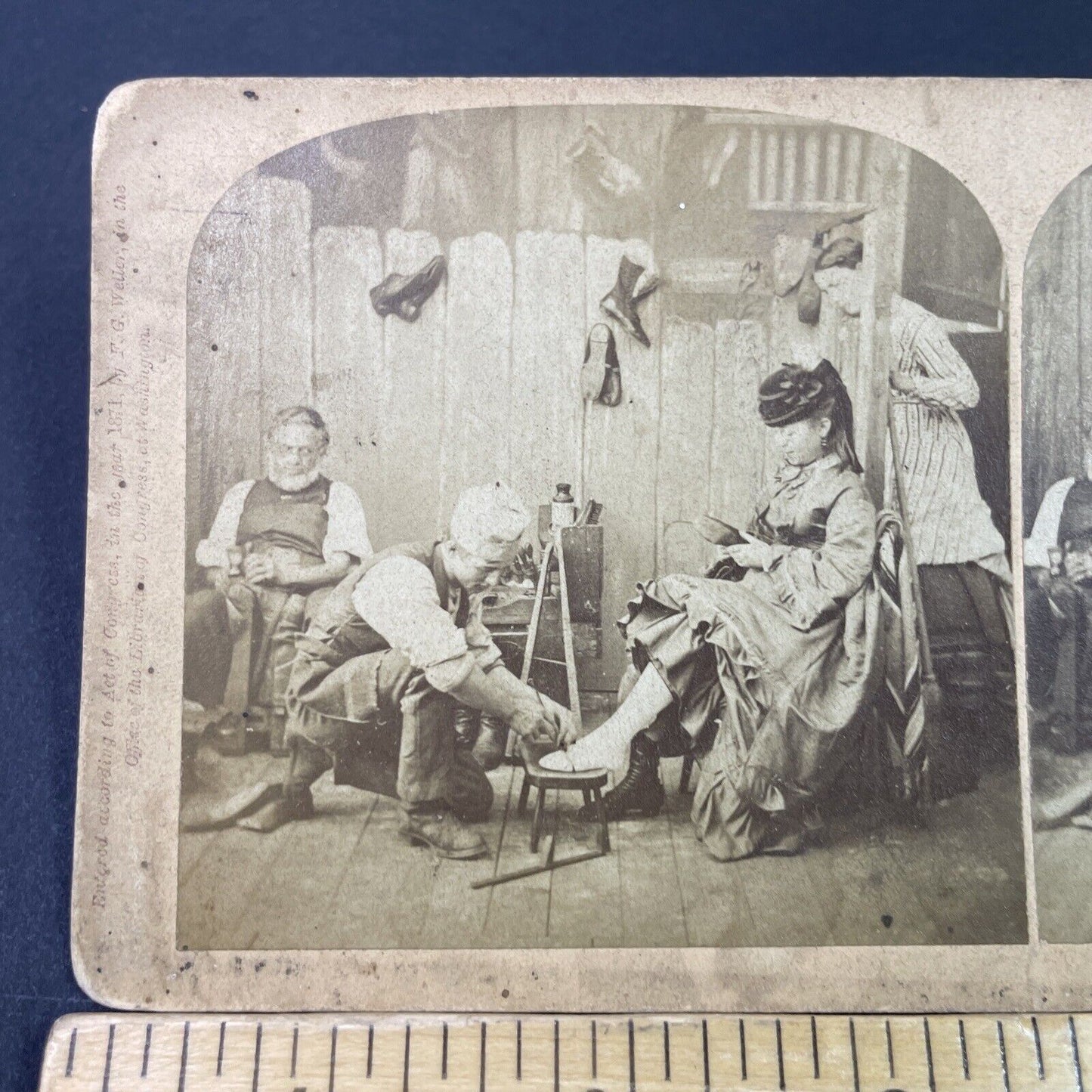 Antique 1871 Shoemaker Measures Womans Foot For Shoe Stereoview Photo Card P3342