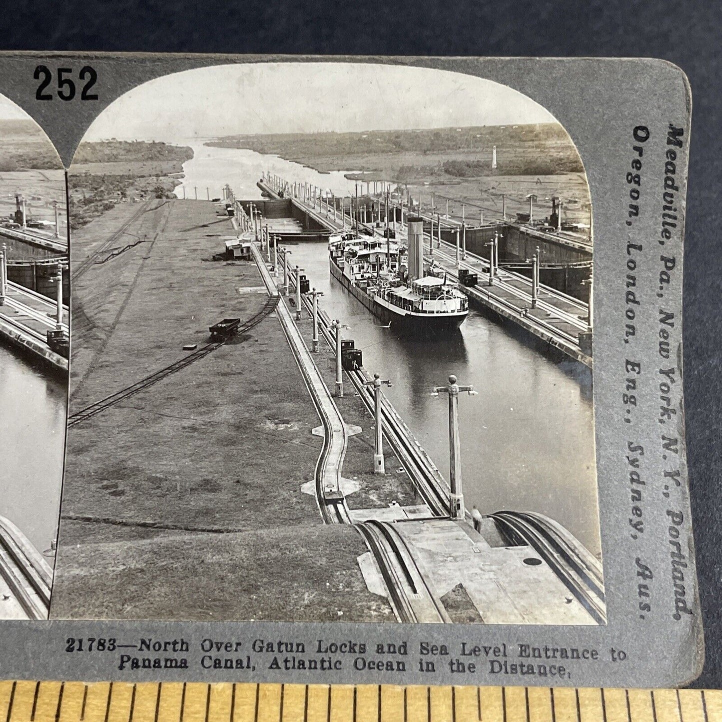 Antique 1910s Steamship Ship In Panama Canal Stereoview Photo Card P4399