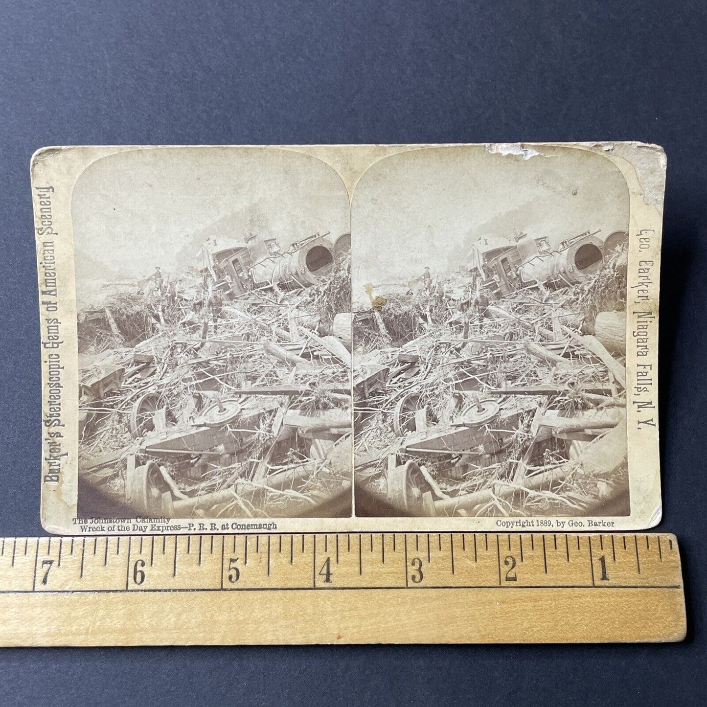 Antique 1889 The Great Train Derailment Rail Wreck Stereoview Photo Card Q2268