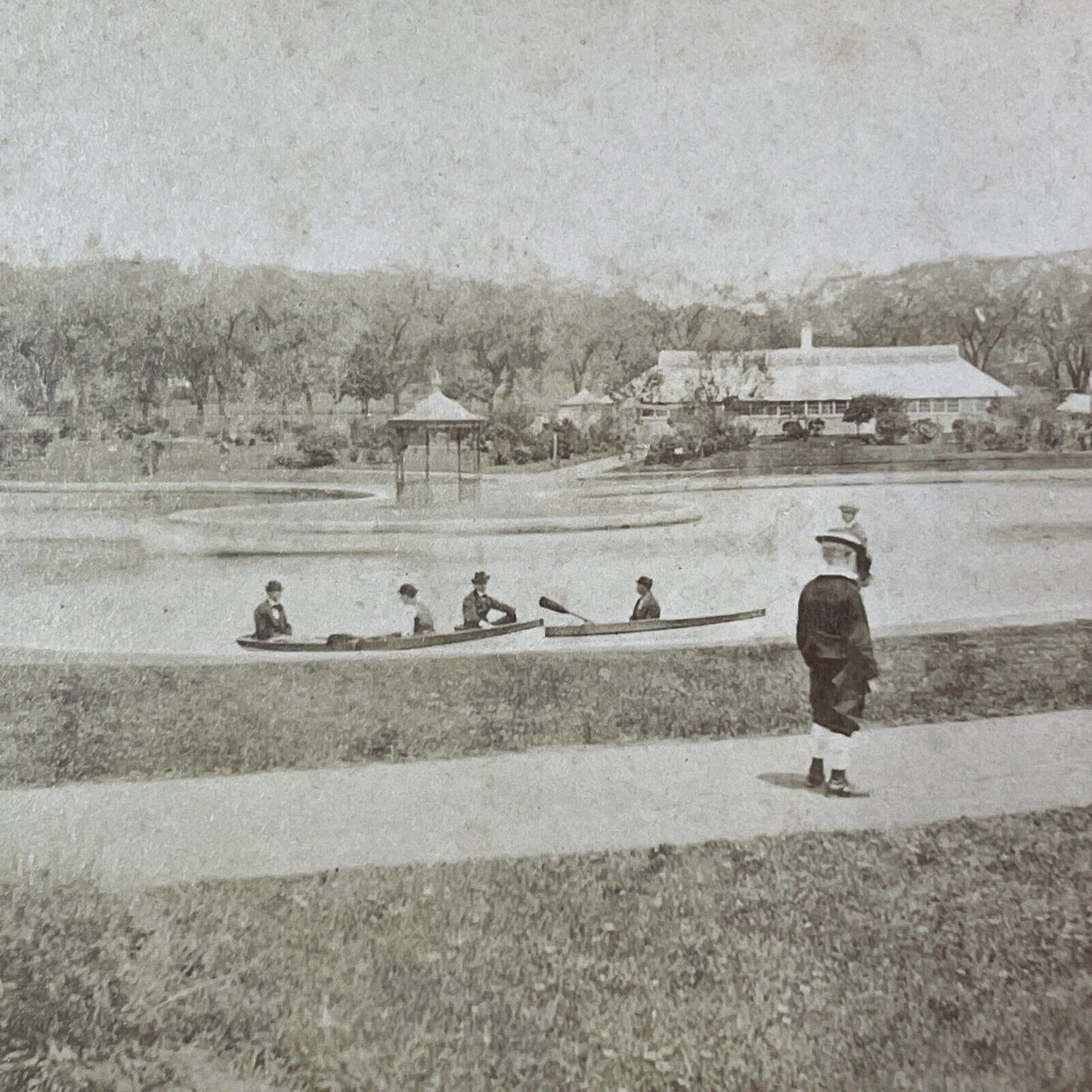 Boston Public Garden Lake And Rowing Stereoview Antique c1869 X2419