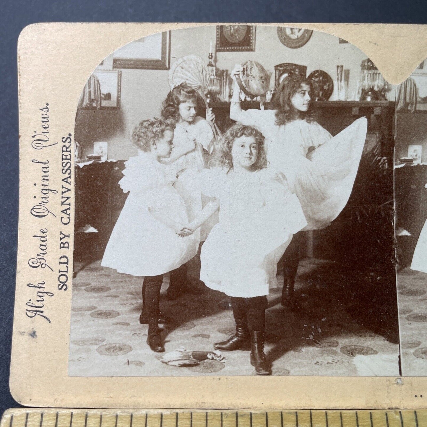 Antique 1898 Girls Dancing In Parlor Room Stereoview Photo Card P3398