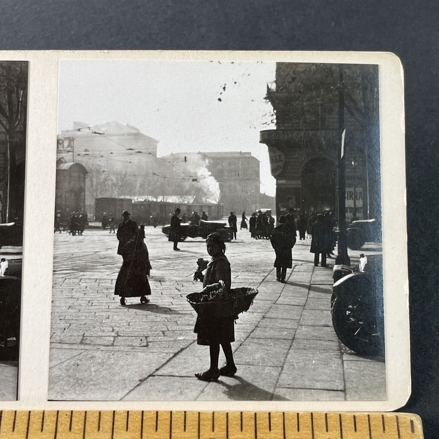 Antique 1925 Child Selling Flowers Turin Italy OOAK Stereoview Photo Card 3225