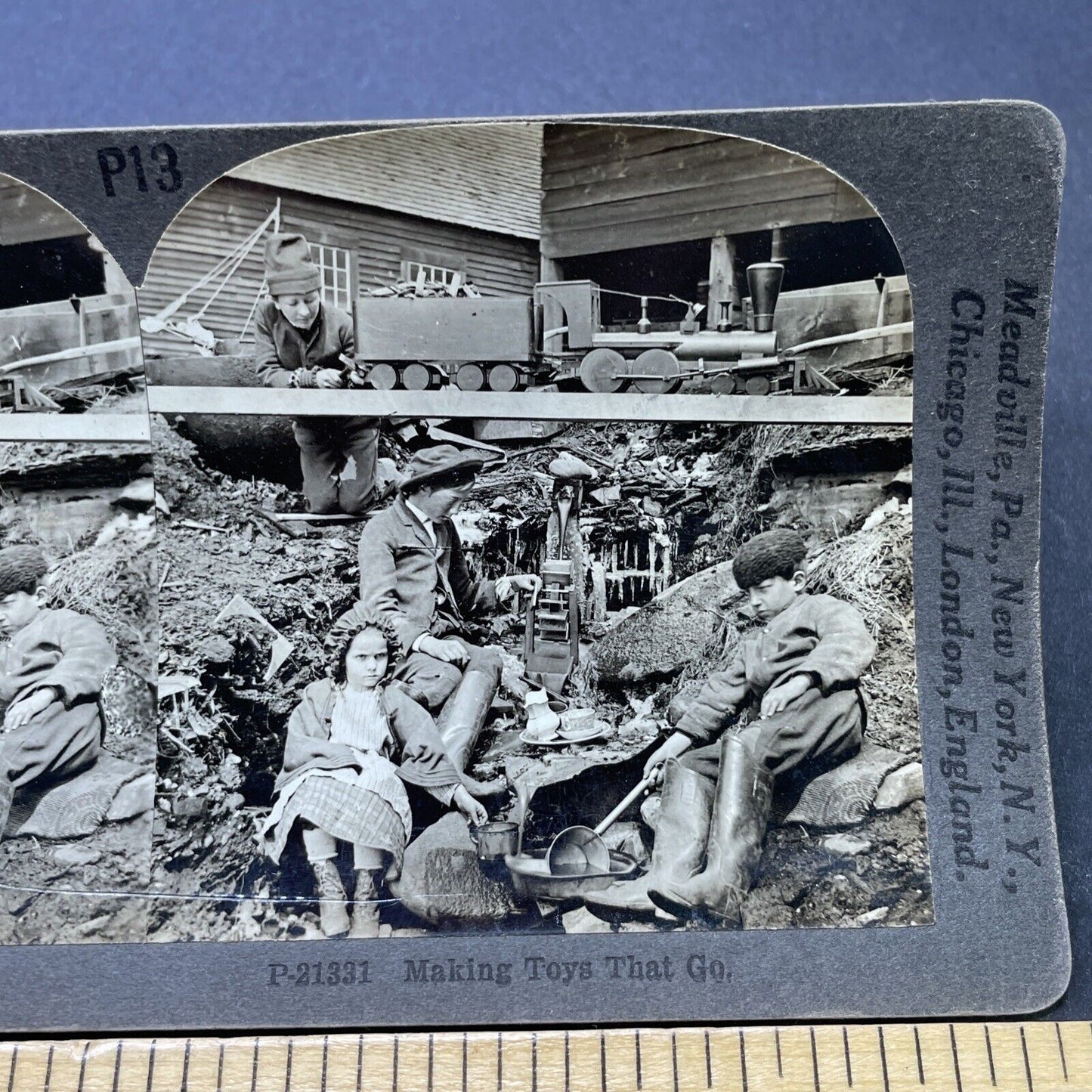 Antique 1900s Display Of Handmade Wooden Toys Stereoview Photo Card P2613