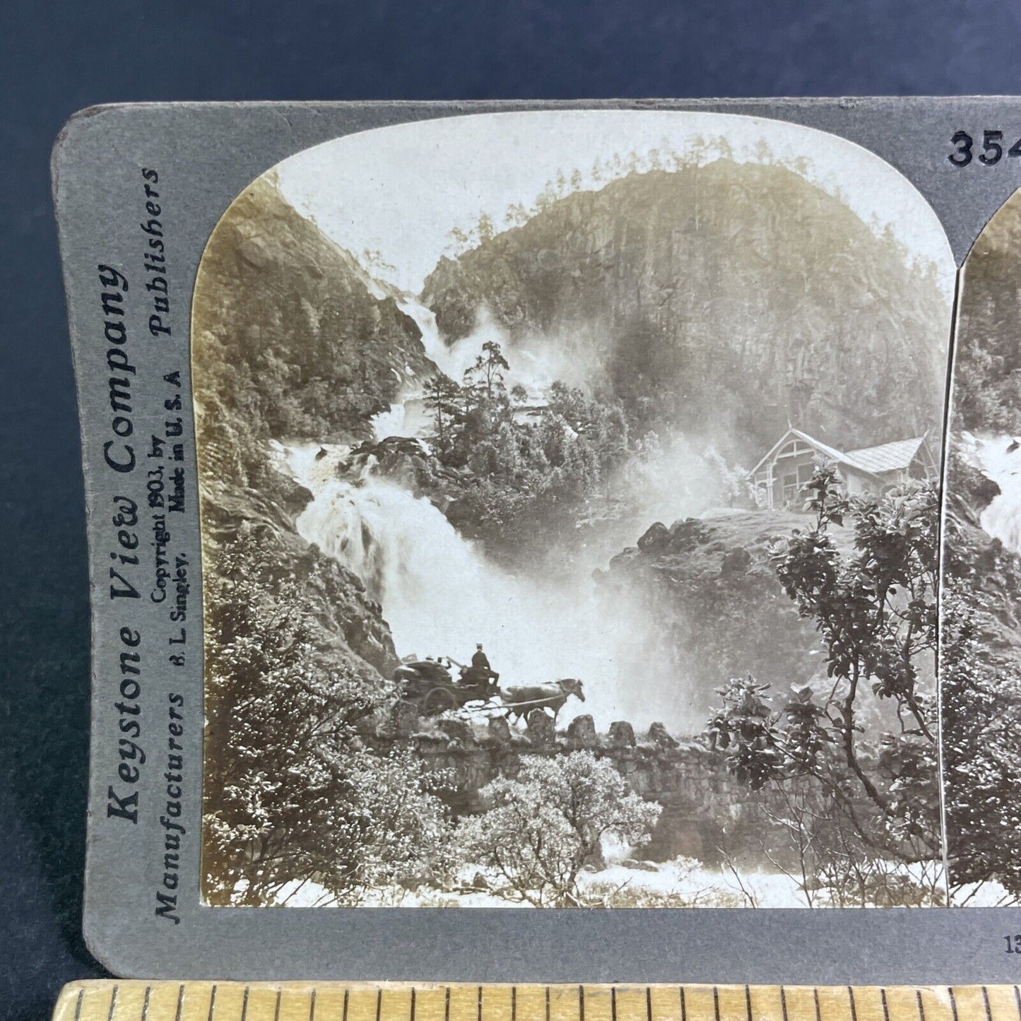 Antique 1903 Latefossen Waterfall Norway Stereoview Photo Card P2145