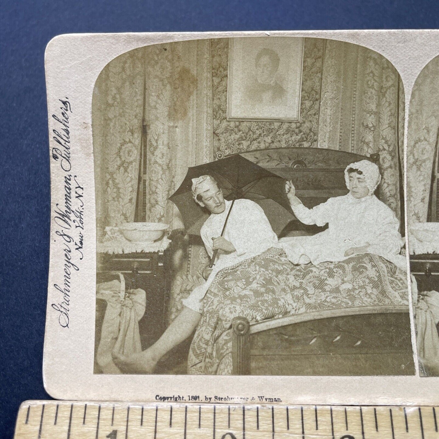 Antique 1891 Man Arrives Home Drunk To Bed Stereoview Photo Card P2540