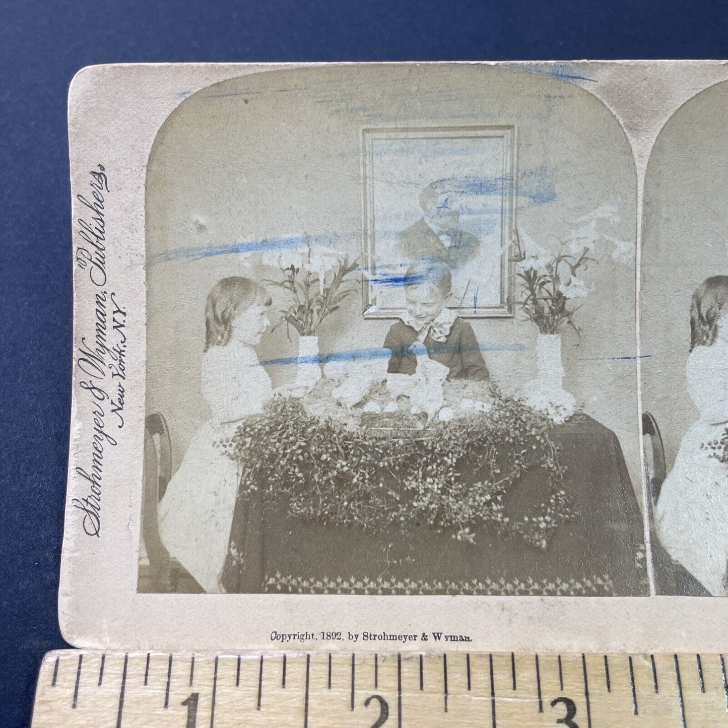 Antique 1892 Children Play With Chicks On Easter Stereoview Photo Card P2938