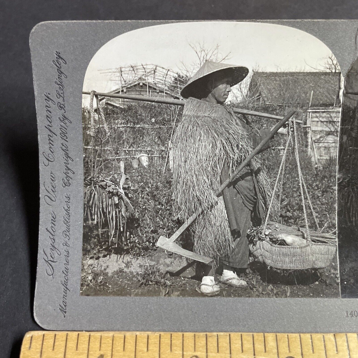 Antique 1901 Man Wears Homemade Raincoat In Japan Stereoview Photo Card P4237
