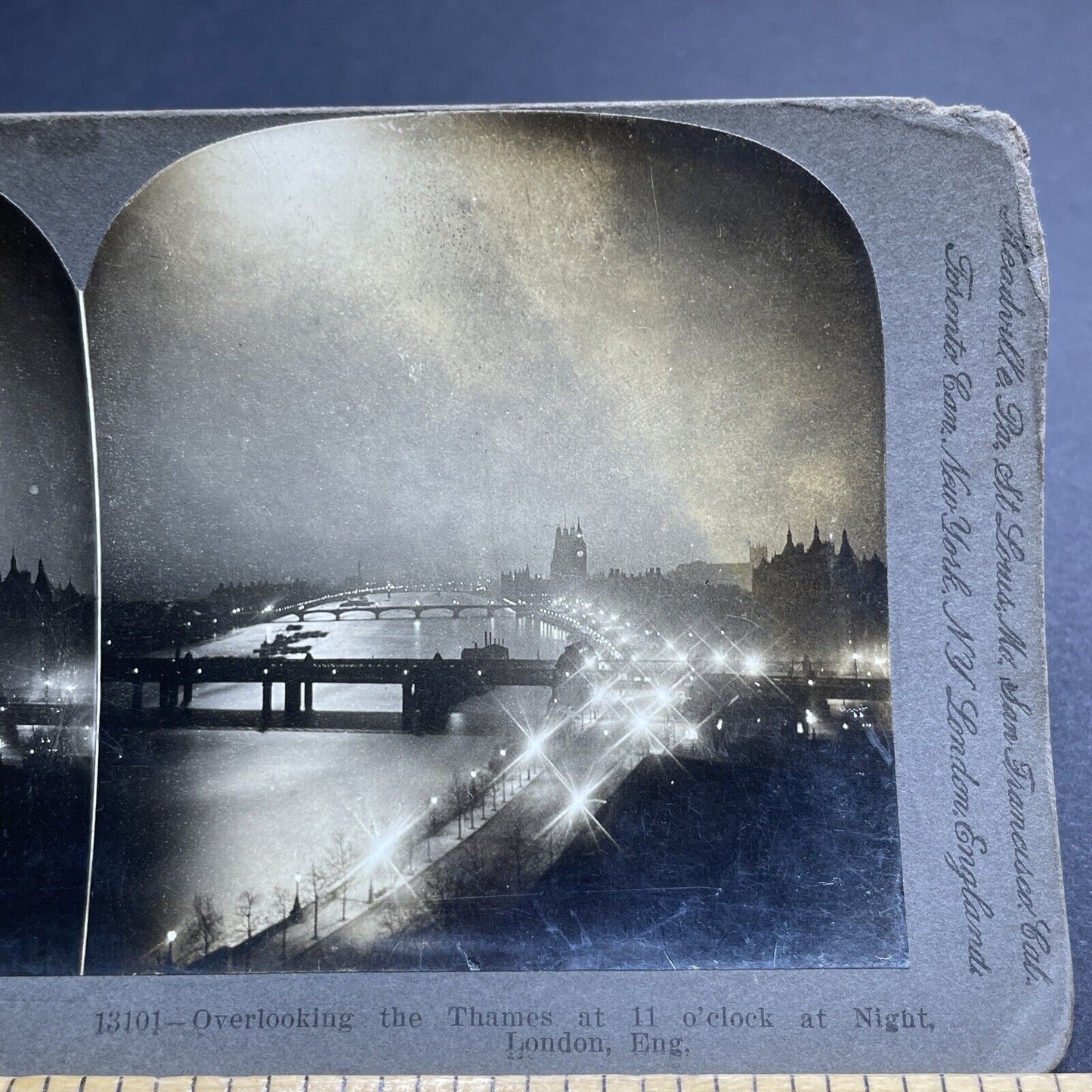 Antique 1902 London At Night Along Thames River Stereoview Photo Card P1978