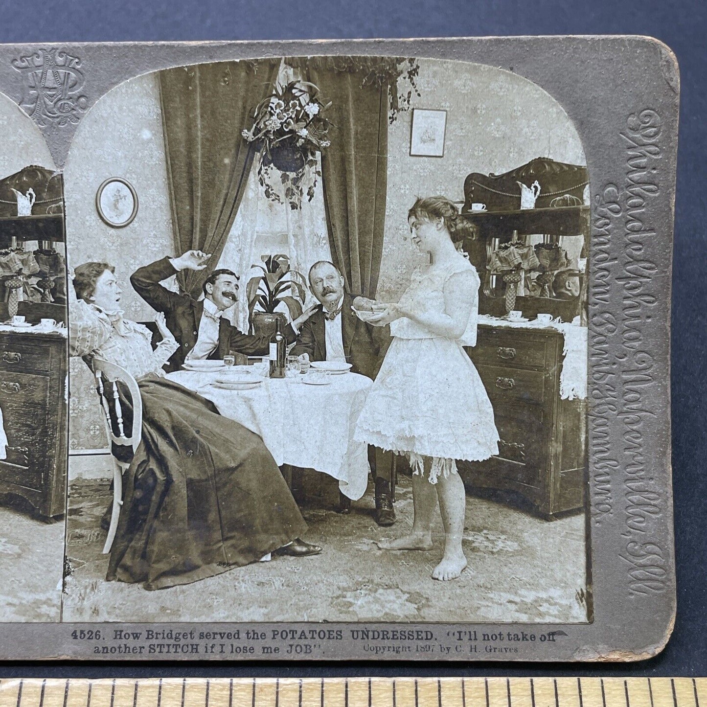 Antique 1897 Woman Serves Potatoes In Her Underwear Stereoview Photo Card P2564